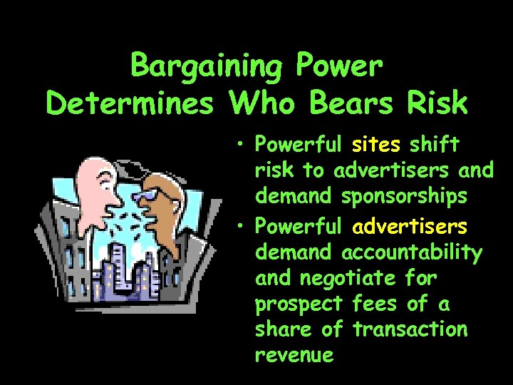 Bargaining Power Determines Who Bears Risk • Powerful sites shift risk to advertisers and