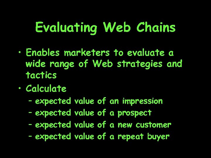 Evaluating Web Chains • Enables marketers to evaluate a wide range of Web strategies