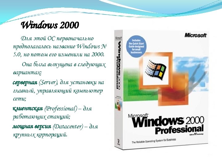 Windows 2000 Для этой ОС первоначально предполагалось название Windows NT 5. 0, но потом