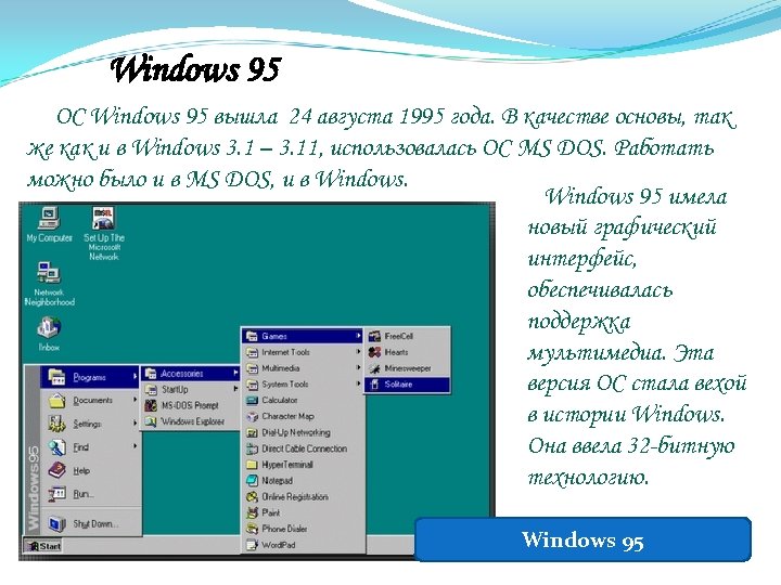 Windows 95 ОС Windows 95 вышла 24 августа 1995 года. В качестве основы, так