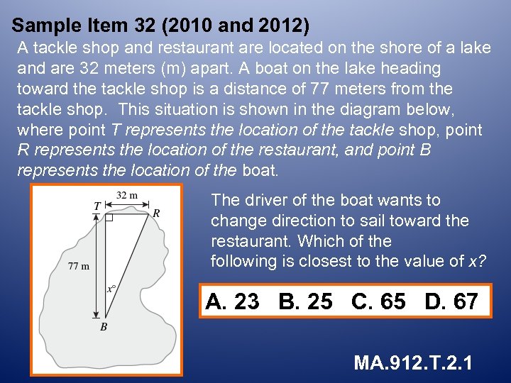 Sample Item 32 (2010 and 2012) A tackle shop and restaurant are located on