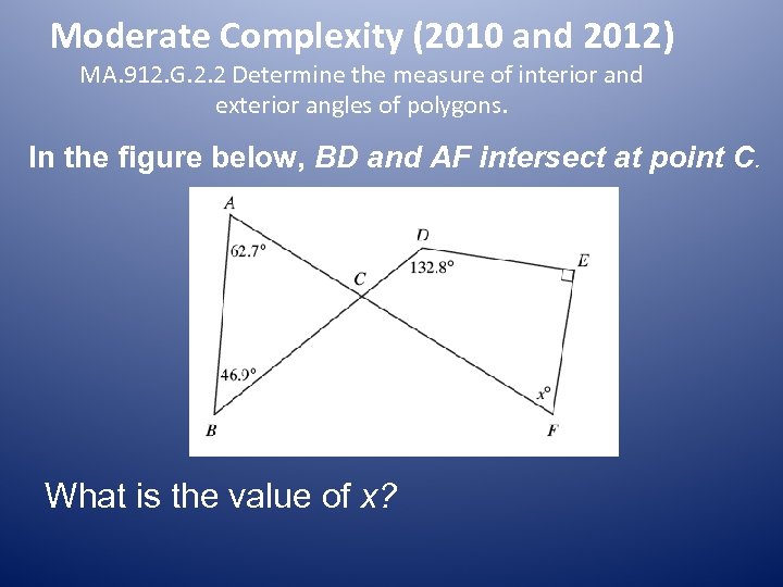 Moderate Complexity (2010 and 2012) MA. 912. G. 2. 2 Determine the measure of