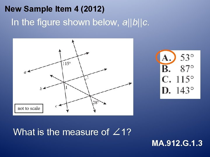 New Sample Item 4 (2012) In the figure shown below, a||b||c. What is the