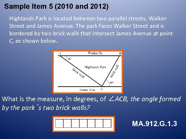 Sample Item 5 (2010 and 2012) Highlands Park is located between two parallel streets,