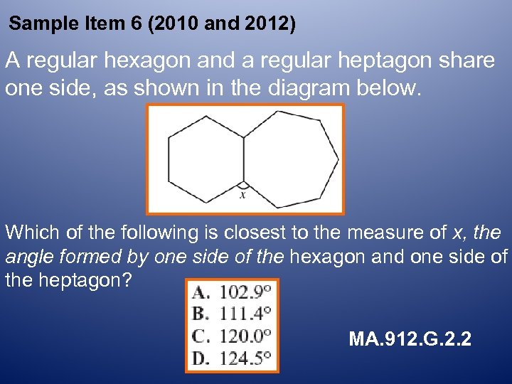 Sample Item 6 (2010 and 2012) A regular hexagon and a regular heptagon share