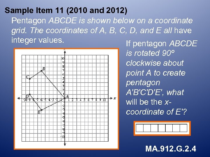 Sample Item 11 (2010 and 2012) Pentagon ABCDE is shown below on a coordinate