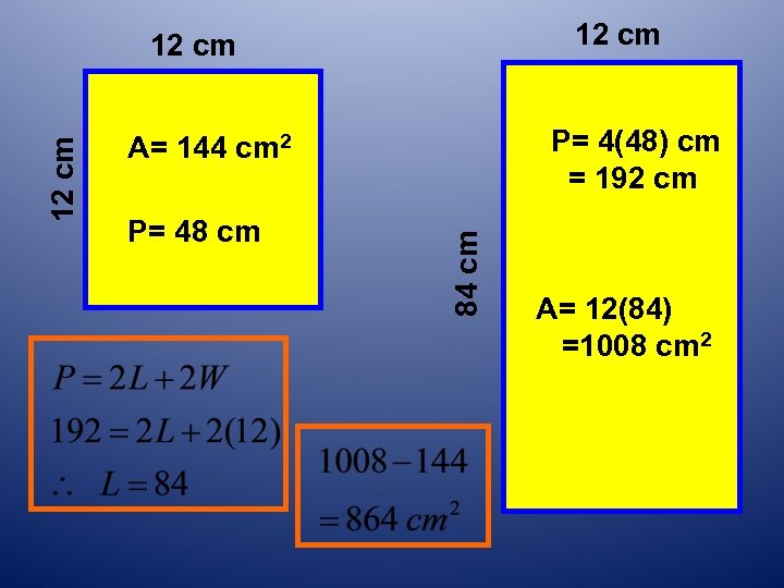 12 cm P= 4(48) cm = 192 cm A= 144 cm 2 P= 48