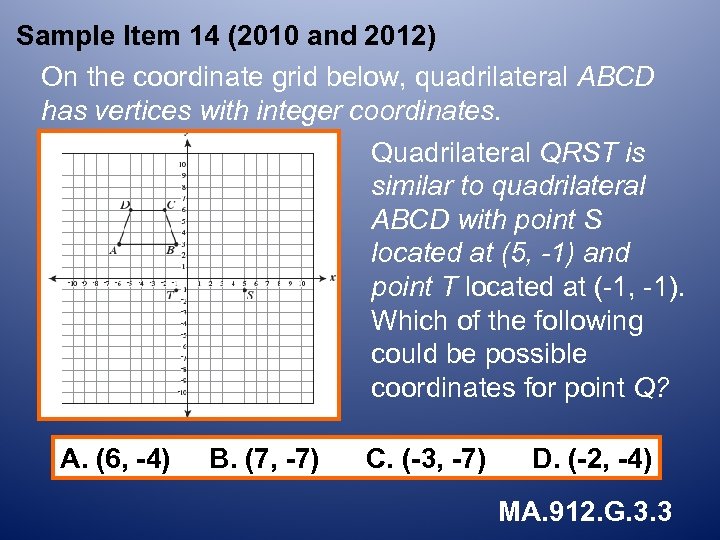 Sample Item 14 (2010 and 2012) On the coordinate grid below, quadrilateral ABCD has