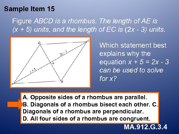 Sample Item 15 Figure ABCD is a rhombus. The length of AE is (x