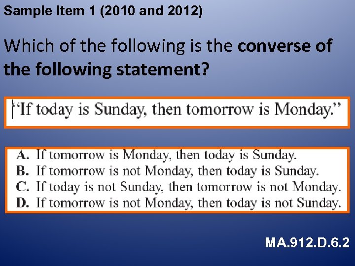 Sample Item 1 (2010 and 2012) Which of the following is the converse of