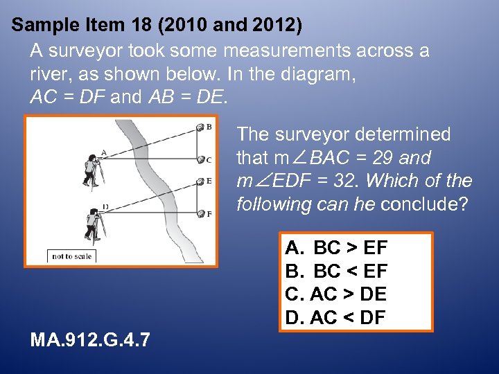 Sample Item 18 (2010 and 2012) A surveyor took some measurements across a river,