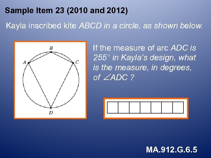 Sample Item 23 (2010 and 2012) Kayla inscribed kite ABCD in a circle, as