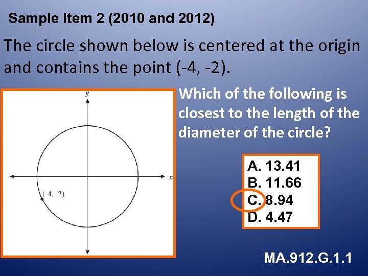 Sample Item 2 (2010 and 2012) The circle shown below is centered at the