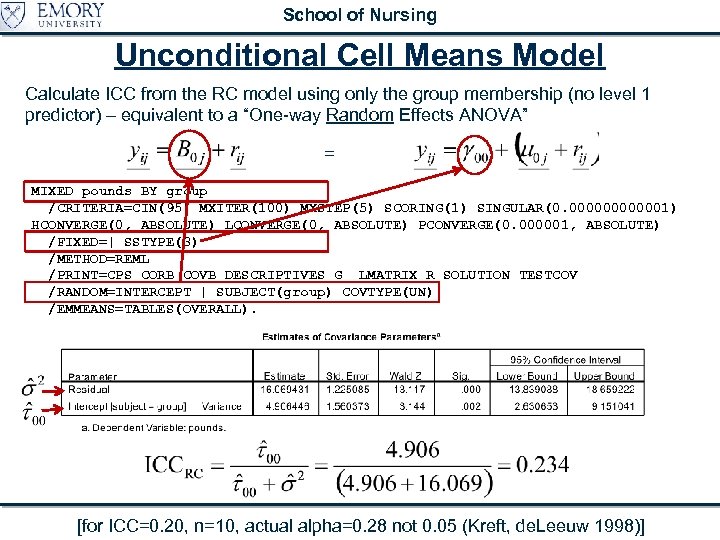 School of Nursing Unconditional Cell Means Model Calculate ICC from the RC model using