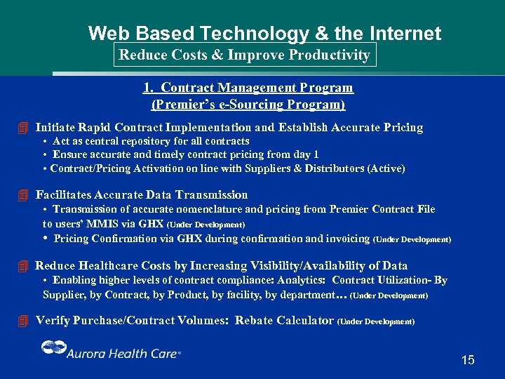 Web Based Technology & the Internet Reduce Costs & Improve Productivity 1. Contract Management