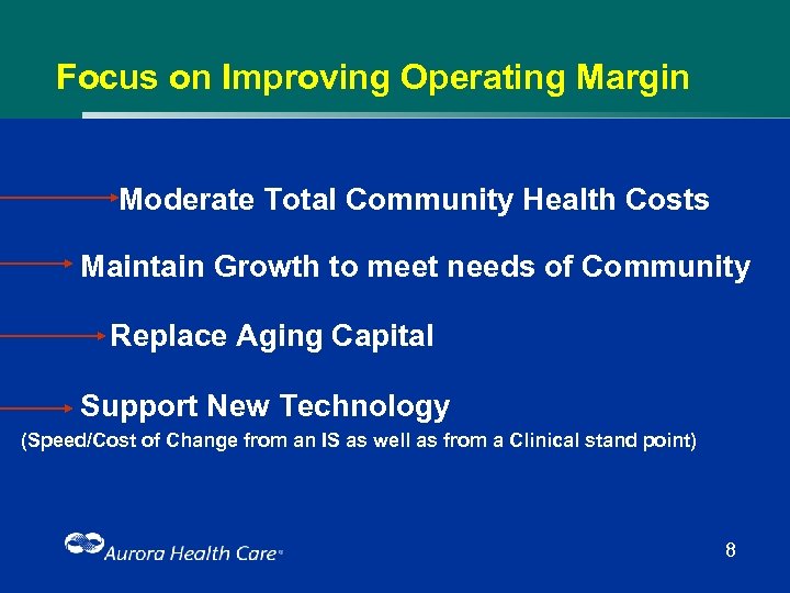 Focus on Improving Operating Margin Moderate Total Community Health Costs Maintain Growth to meet