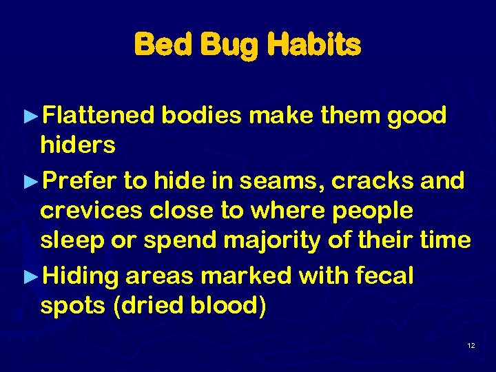 Bed Bug Habits ►Flattened bodies make them good hiders ►Prefer to hide in seams,