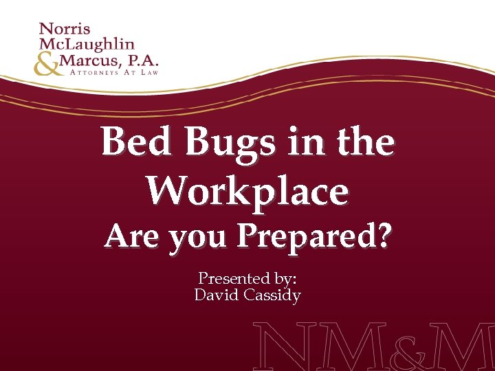 Bed Bugs in the Workplace Are you Prepared? Presented by: David Cassidy 