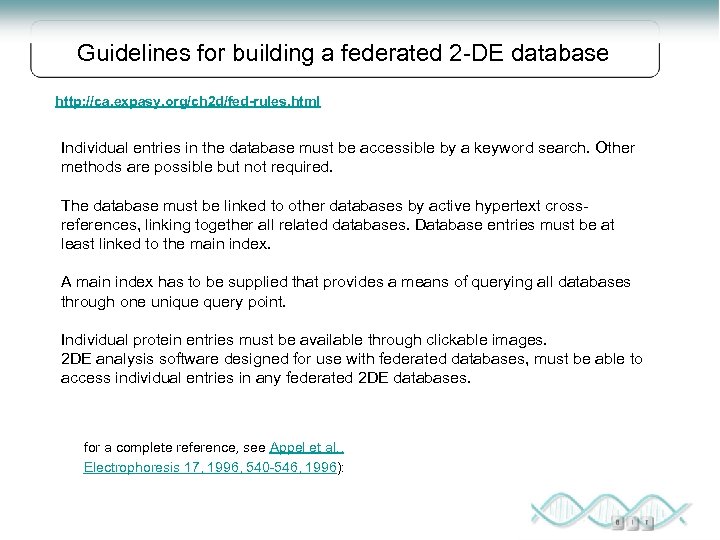 Guidelines for building a federated 2 -DE database http: //ca. expasy. org/ch 2 d/fed-rules.