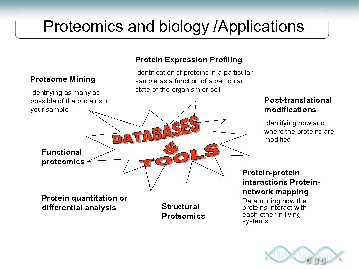 Proteomics and biology /Applications Protein Expression Profiling Proteome Mining Identifying as many as possible