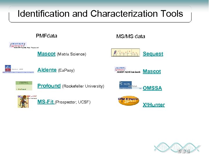 Identification and Characterization Tools PMFdata MS/MS data Mascot (Matrix Science) Sequest Aldente (Ex. Pasy)