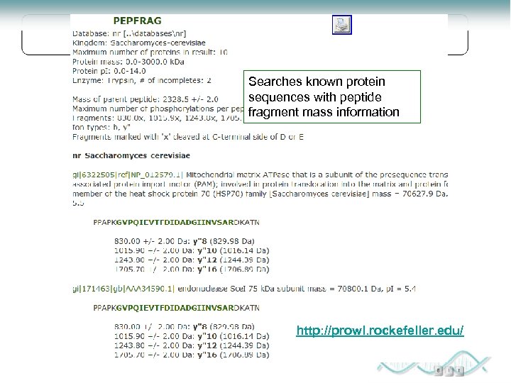 PEPFRAG Searches known protein sequences with peptide fragment mass information http: //prowl. rockefeller. edu/