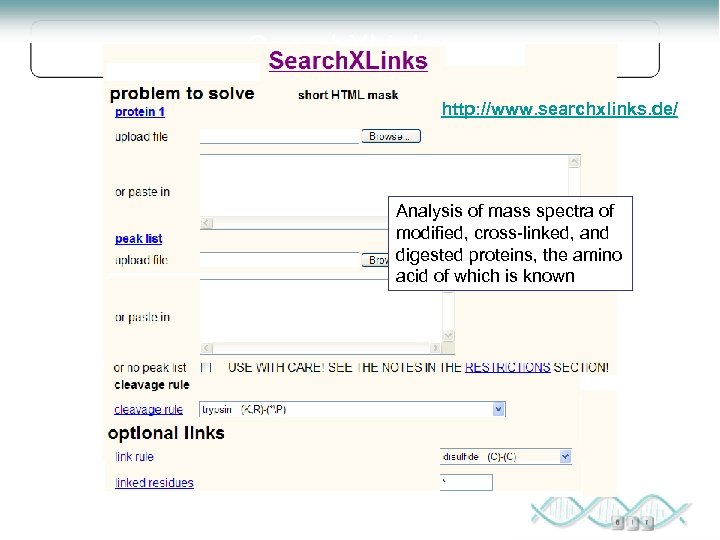 Search. XLinks http: //www. searchxlinks. de/ Analysis of mass spectra of modified, cross-linked, and