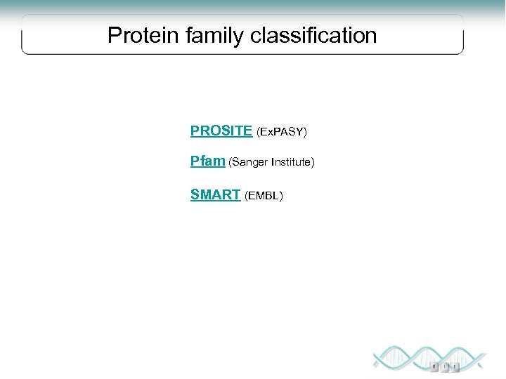 Protein family classification PROSITE (Ex. PASY) Pfam (Sanger Institute) SMART (EMBL) 