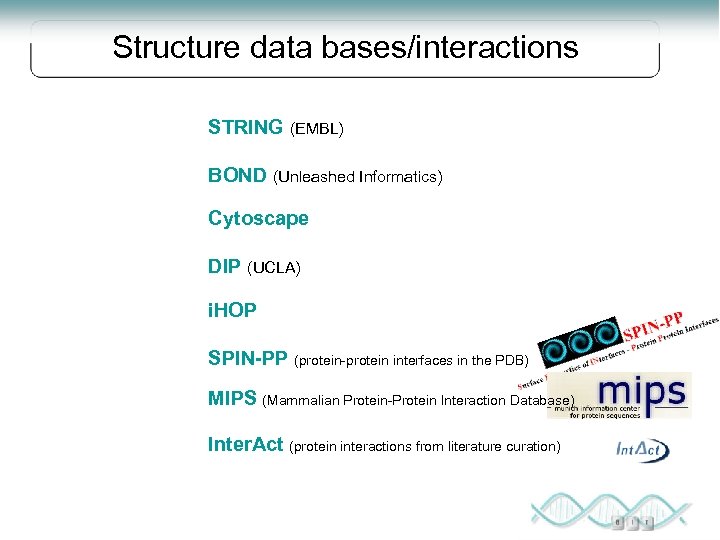 Structure data bases/interactions STRING (EMBL) BOND (Unleashed Informatics) Cytoscape DIP (UCLA) i. HOP SPIN-PP