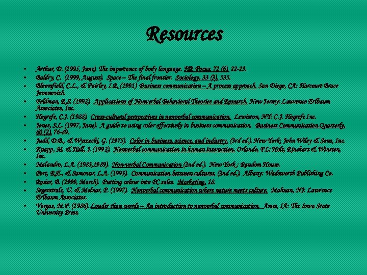 Resources • • • • Arthur, D. (1995, June). The importance of body language.