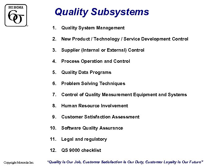 Quality Subsystems 1. Quality System Management 2. New Product / Technology / Service Development