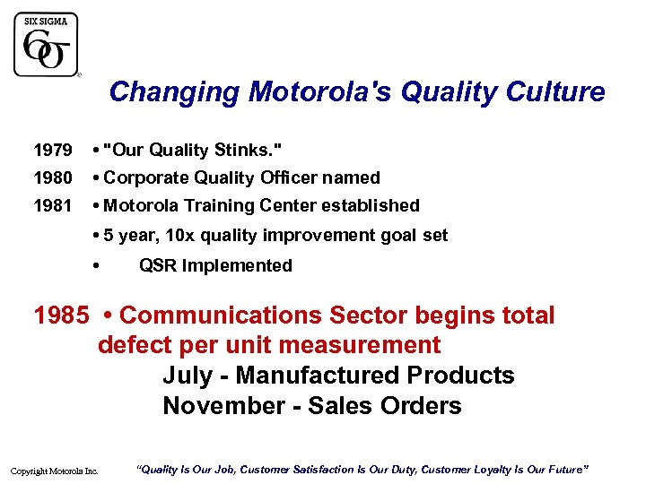 Changing Motorola's Quality Culture 1979 • "Our Quality Stinks. " 1980 • Corporate Quality