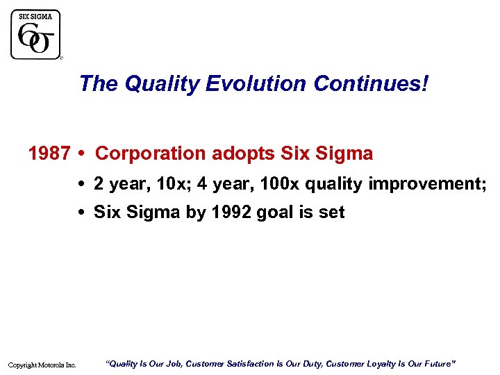 The Quality Evolution Continues! 1987 • Corporation adopts Six Sigma • 2 year, 10