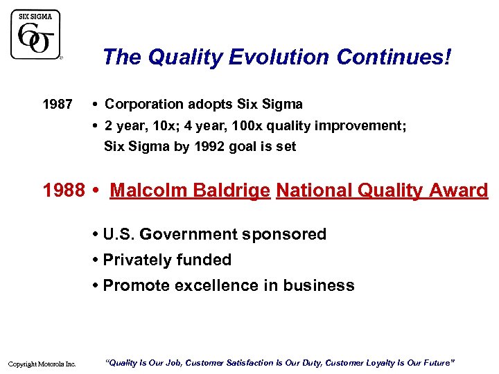 The Quality Evolution Continues! 1987 • Corporation adopts Six Sigma • 2 year, 10