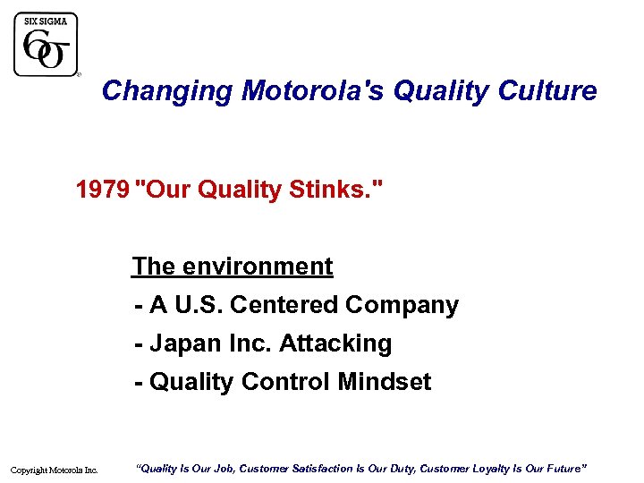 Changing Motorola's Quality Culture 1979 "Our Quality Stinks. " The environment - A U.