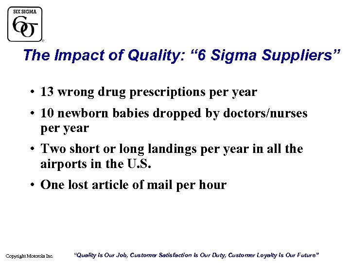 The Impact of Quality: “ 6 Sigma Suppliers” • 13 wrong drug prescriptions per