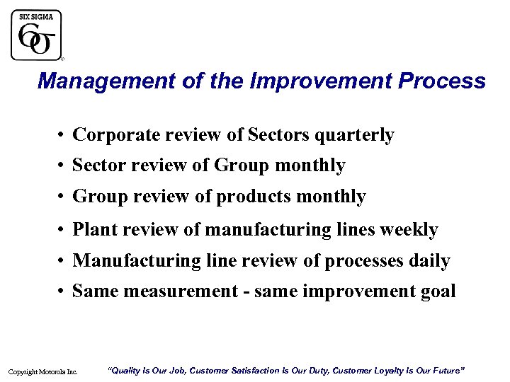 Management of the Improvement Process • Corporate review of Sectors quarterly • Sector review