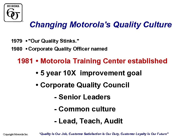 Changing Motorola's Quality Culture 1979 • "Our Quality Stinks. " 1980 • Corporate Quality