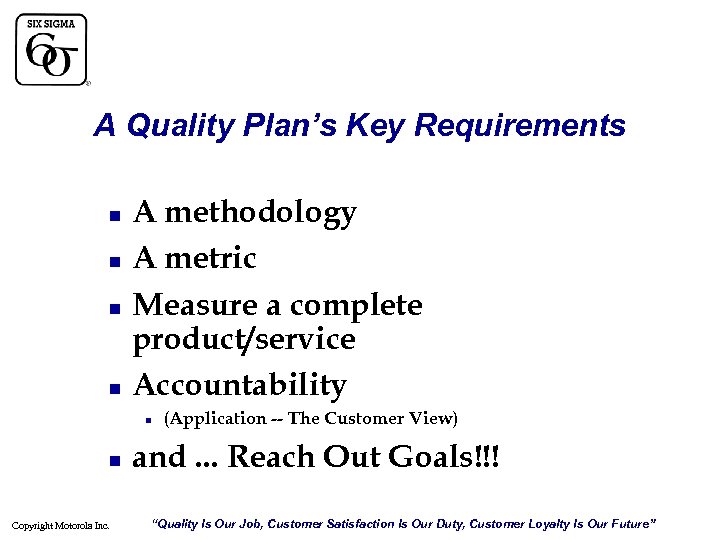 A Quality Plan’s Key Requirements n n A methodology A metric Measure a complete