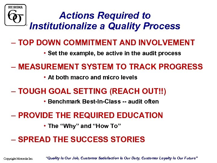 Actions Required to Institutionalize a Quality Process – TOP DOWN COMMITMENT AND INVOLVEMENT •