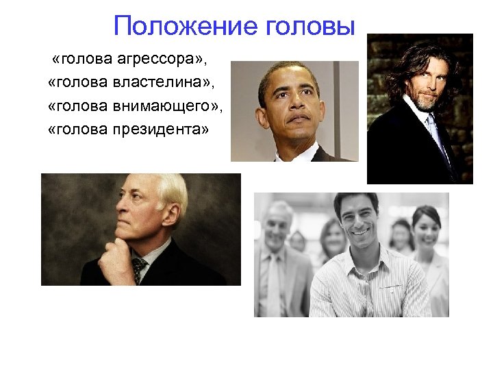 Положение головы «голова агрессора» , «голова властелина» , «голова внимающего» , «голова президента» 