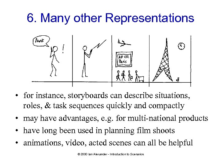 6. Many other Representations • for instance, storyboards can describe situations, roles, & task