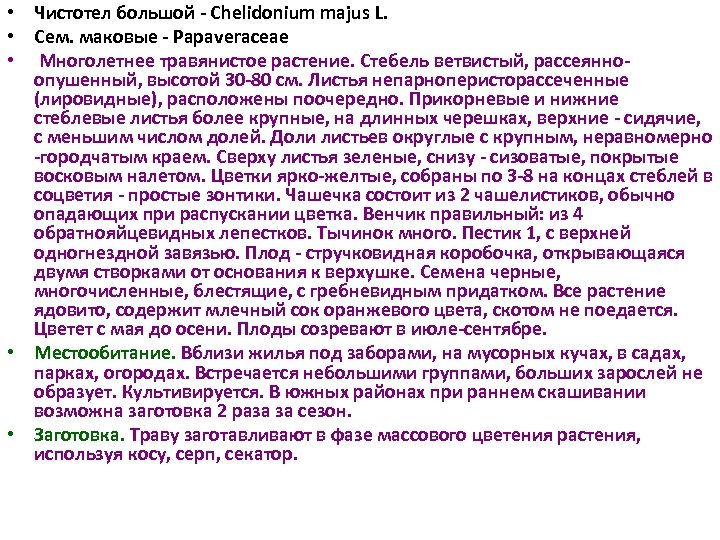  • Чистотел большой Chelidonium majus L. • Сем. маковые Papaveraceae • Многолетнее травянистое