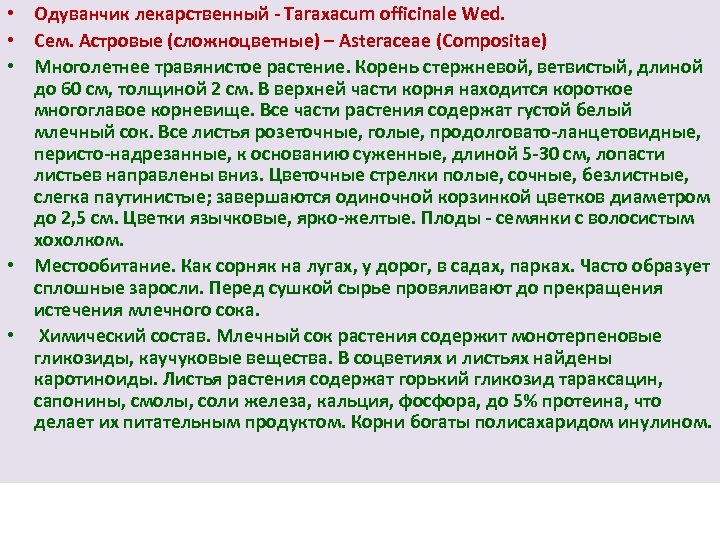  • Одуванчик лекарственный Taraxacum officinale Wed. • Сем. Астровые (сложноцветные) – Asteraceae (Сompositae)