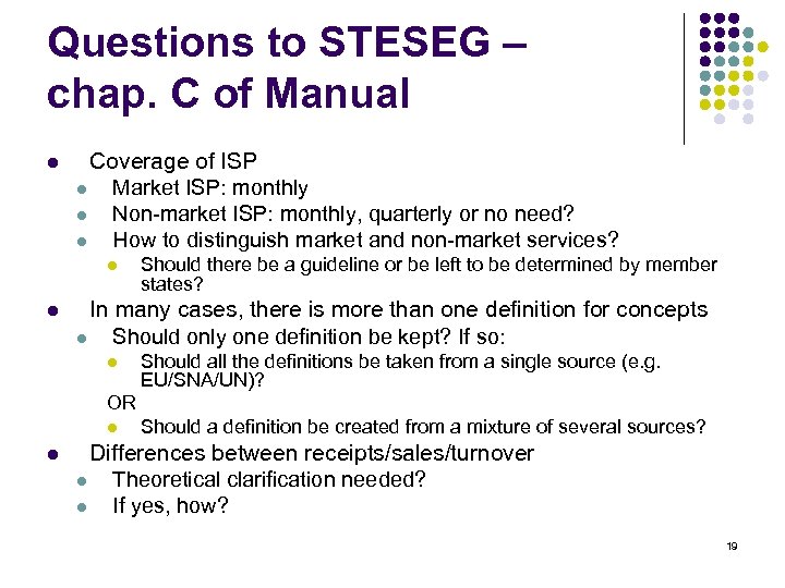 Questions to STESEG – chap. C of Manual l Coverage of ISP l Market