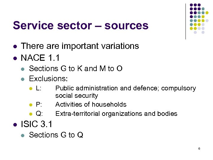 Service sector – sources l l There are important variations NACE 1. 1 l