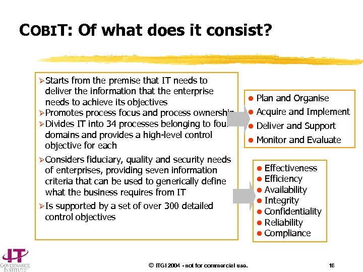 COBIT: Of what does it consist? Ø Starts from the premise that IT needs