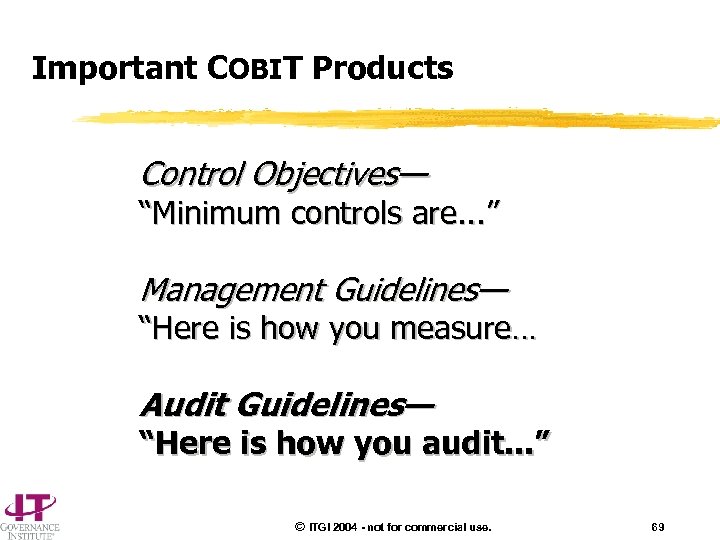 Important COBIT Products Control Objectives— “Minimum controls are. . . ” Management Guidelines— “Here