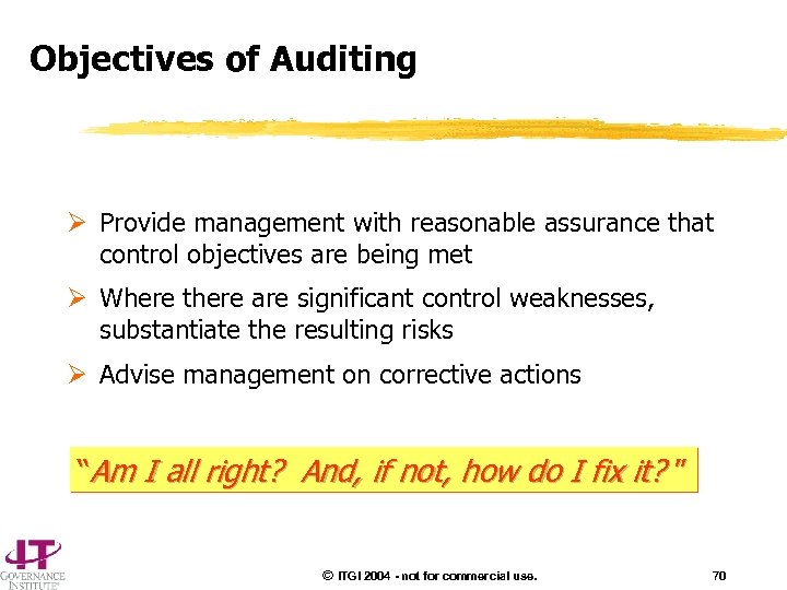 Objectives of Auditing Ø Provide management with reasonable assurance that control objectives are being