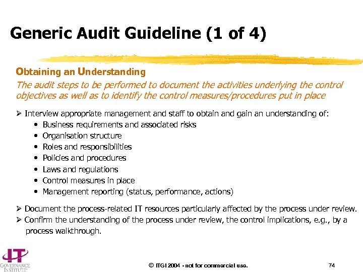 Generic Audit Guideline (1 of 4) Obtaining an Understanding The audit steps to be